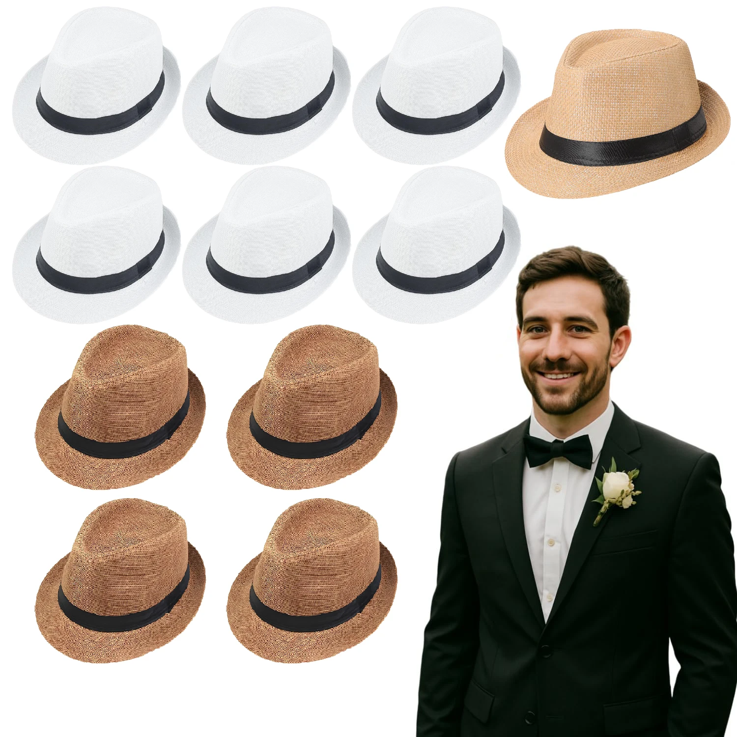 

6-96Pcs Straw Hat for Men Women Fedora Panama Roll Up Hats Wedding Short Brim Summer Beach Hat Havana Nights Party Favors