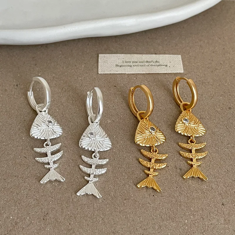 Minar INS Fashion Rhinestone Drape Texture Cartoon Fish Bone Long Hoop Earrings for Women Real Gold Silver Plated Copper Jewelry