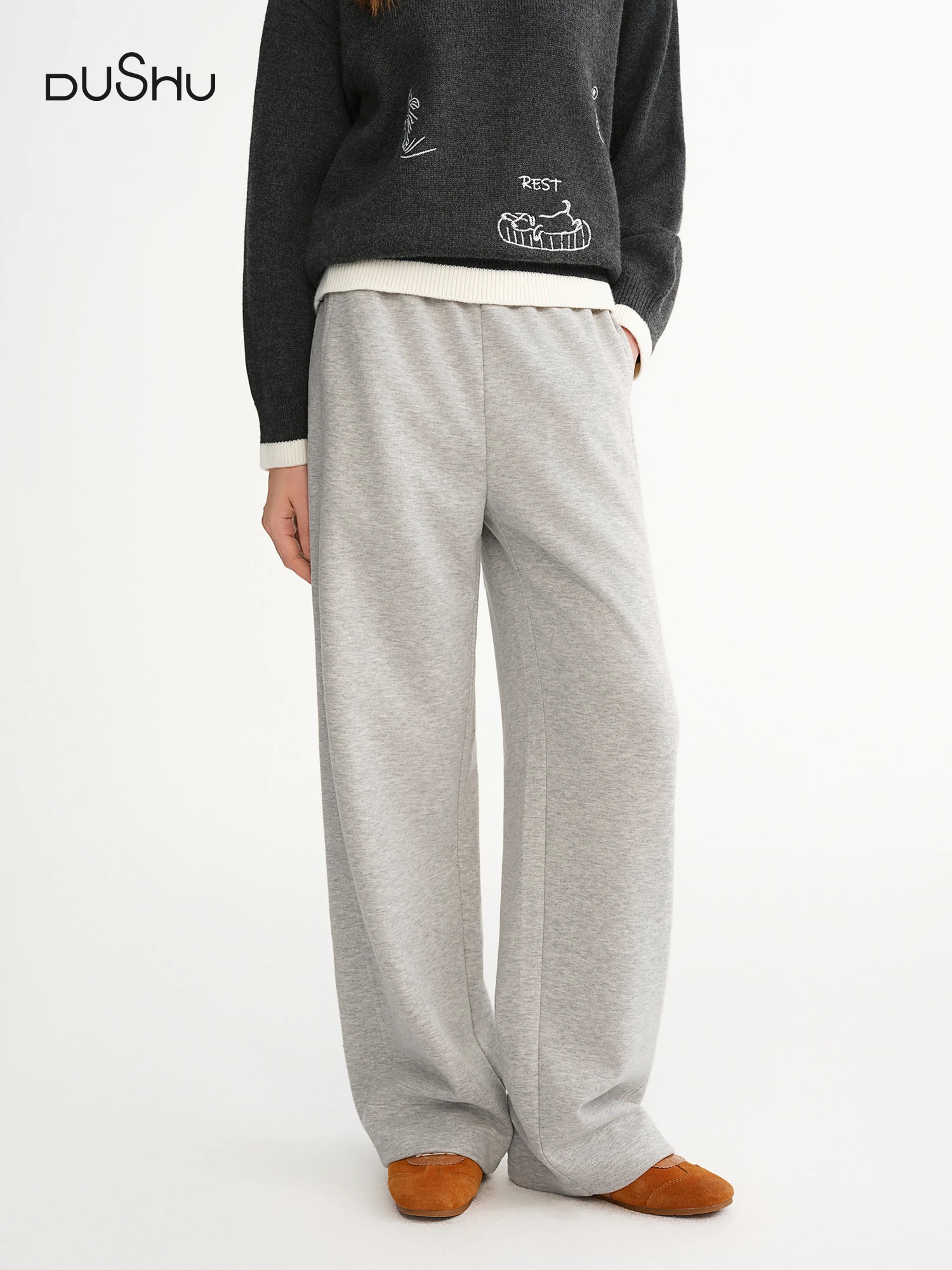 DUSHU Plus-Size Women's Elastic Waist Embroidered Straight-Leg Front-Seam Slimming Winter Wide-Leg Pants French Design Elements