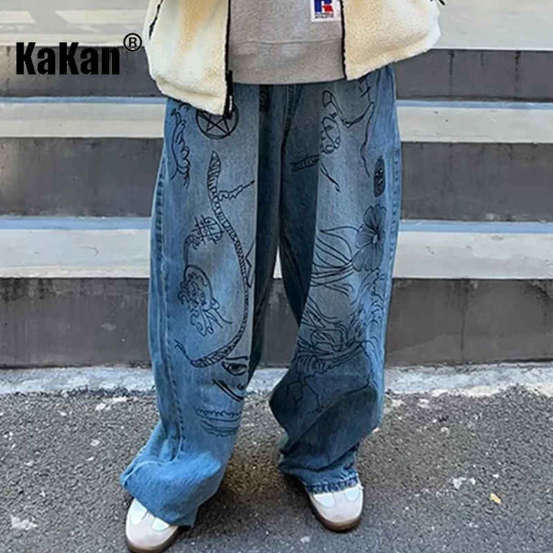 Kakan - New Men's High Street Pique Handsome Jeans, Y2k Men's Pants Personalized Wide Leg Graffiti Long Jeans Jeans Man Brand