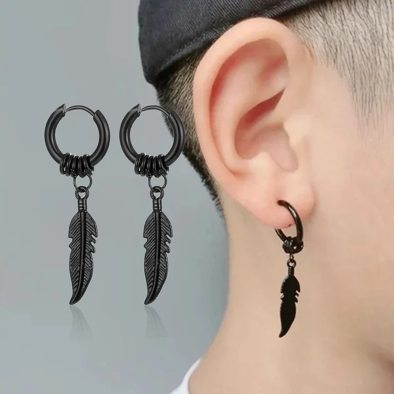 2pc korean Fashion Cross feather Stud Earrings Punk Rock Style For Women men High Quality Stainless steel Hiphop Ear Jewelry image 4