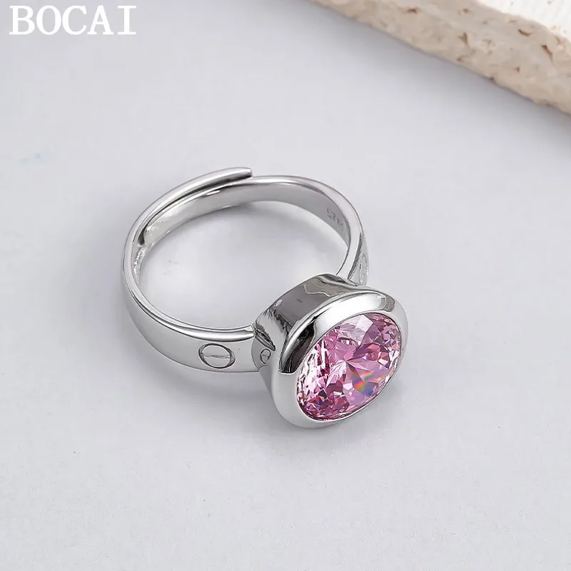 

BOCAI S925 Sterling Silver Charm Ring for Women Men Classic Round Tangent Plane Pink Zircon Fashion Trendy Jewelry Wholesale