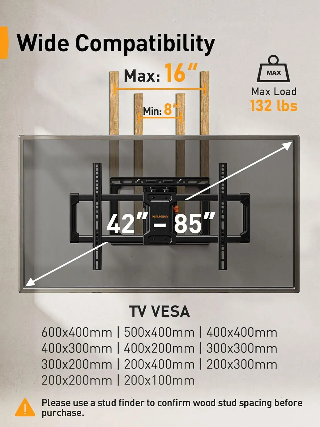 Supporto da parete per TV Full Motion elencato UL Perlegear per TV da 42-85 pollici fino a 132 libbre, supporto TV con doppi bracci articolati