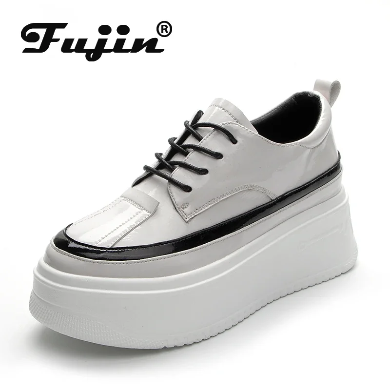 Fujin 7.5cm Patent Leather Genuine Women Shoes Loafers Platform Sneakers Wedge Shoes Hidden Heel Breathable Spring Summer Shoes