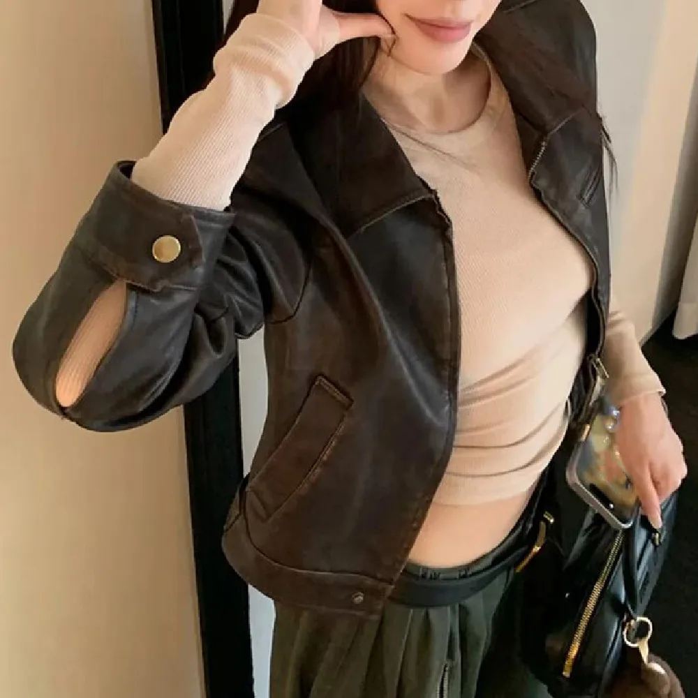 2025 COOL Women Autumn PU Leather Jacket American Retro Full Sleeve Zip Up Coat Vintage Coffee Short Outerwear