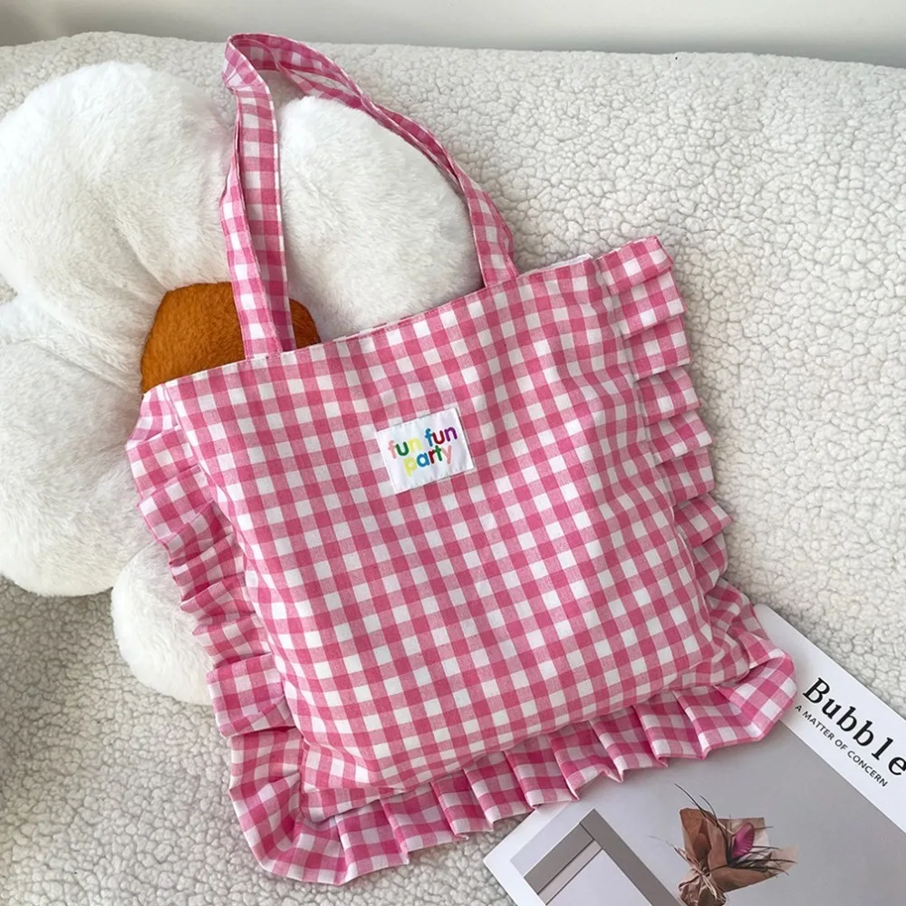 

Cute Sweet Lace Pillow Bag Large Capacity Ruffle Plaid Cotton Handbag Letter Korean Style Tote Bag Students