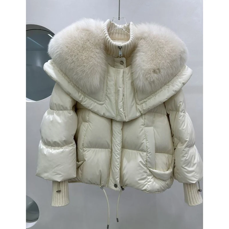 Women\'s White Duck Down Puffer Parka Jacket with Real Fur Removable Collar Winter New Down Cotton Fur Collar Parka Coat