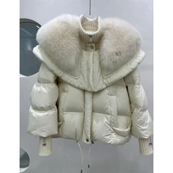 Women's White Duck Down Puffer Parka Jacket with Real Fur Removable Collar Winter New Down Cotton Fur Collar Parka Coat