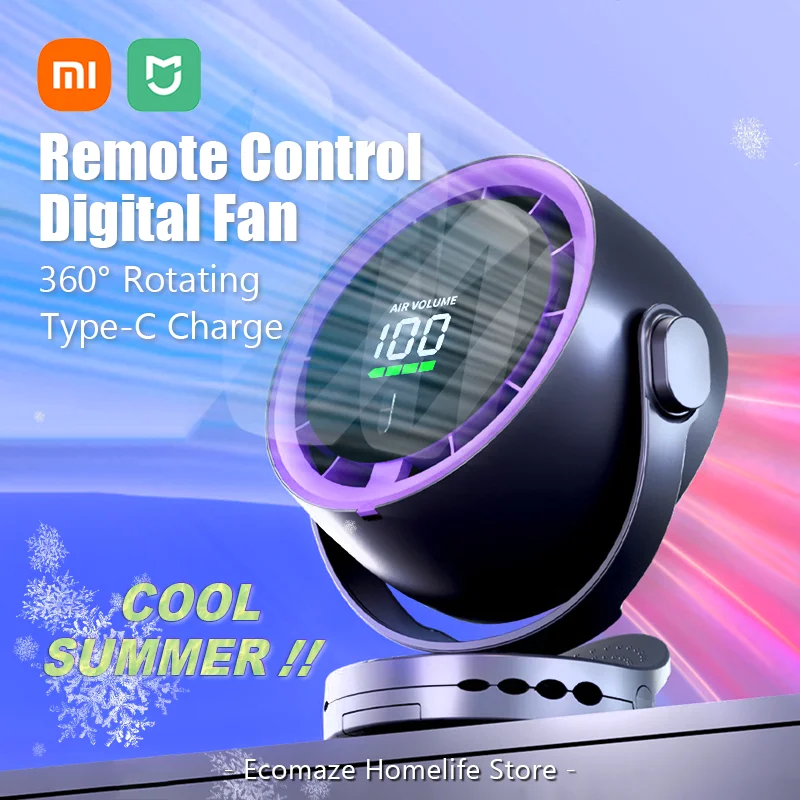 Xiaomi Digital Display Fan Desktop Remote Control 720°Rotation Type-C Rechargeable Electric Fans Portable Wall Hanging With Clip