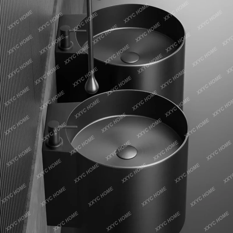 

Gold stainless steel column basin integrated wall-mounted wash basin with rack face art basin