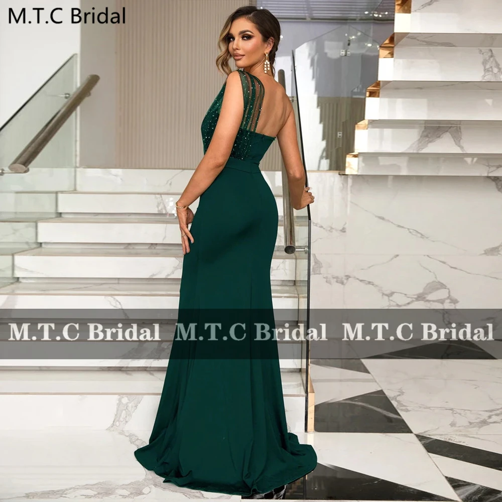 Long Mermaid Green Evening Dress One Shoulder Backless Shiny Beading Satin Formal Gowns For Women 2023 Robe De Soiree