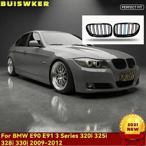 BMW E91 Front Grille 1 Pair Gloss/Matte Black M-Color Kidney Front Grille Auto Racing Grille for BMW E90 E91 LCI 325i 328i 335i 2009 2010 2011