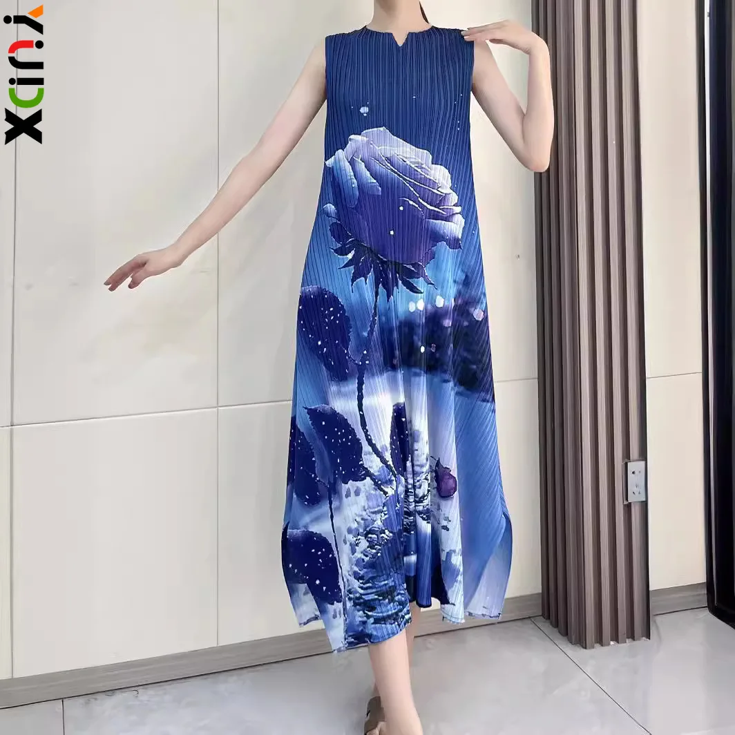 YUDX Miyake moda pieghettato abito da donna girocollo stampato temperamento Casual allentato Plus Size abito senza maniche 2024 estate nuovo