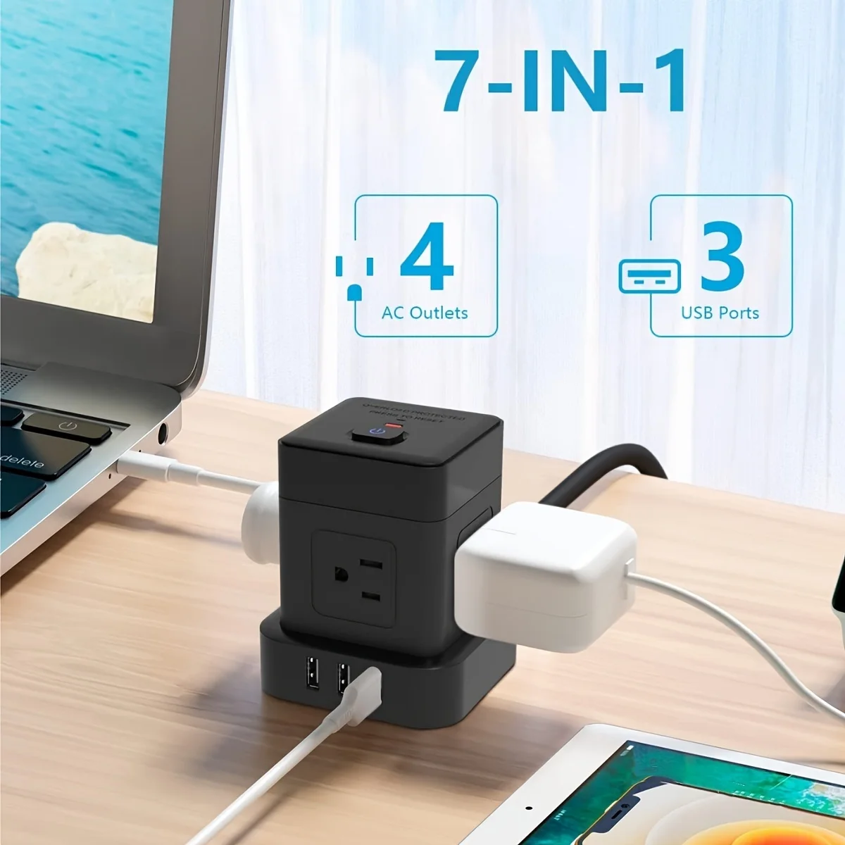 A 7-in-1 Multifunctional Power Cube That Integrates 4 Ac Outlets and 3 USB Ports, Capable of Charging Multiple Devices Simultaneously It Features a 9-Layer Safety Protection System, Including Surge Protection, Overvoltage/Overcurrent Protection, Short Circuit Protection, Etc. Equipped with a Switch and a 5-Foot Power Cord, It Ensures Safe and Flexible Power Distribution, Meeting Diverse Needs Whether at Home, in the Office, or on the Go.