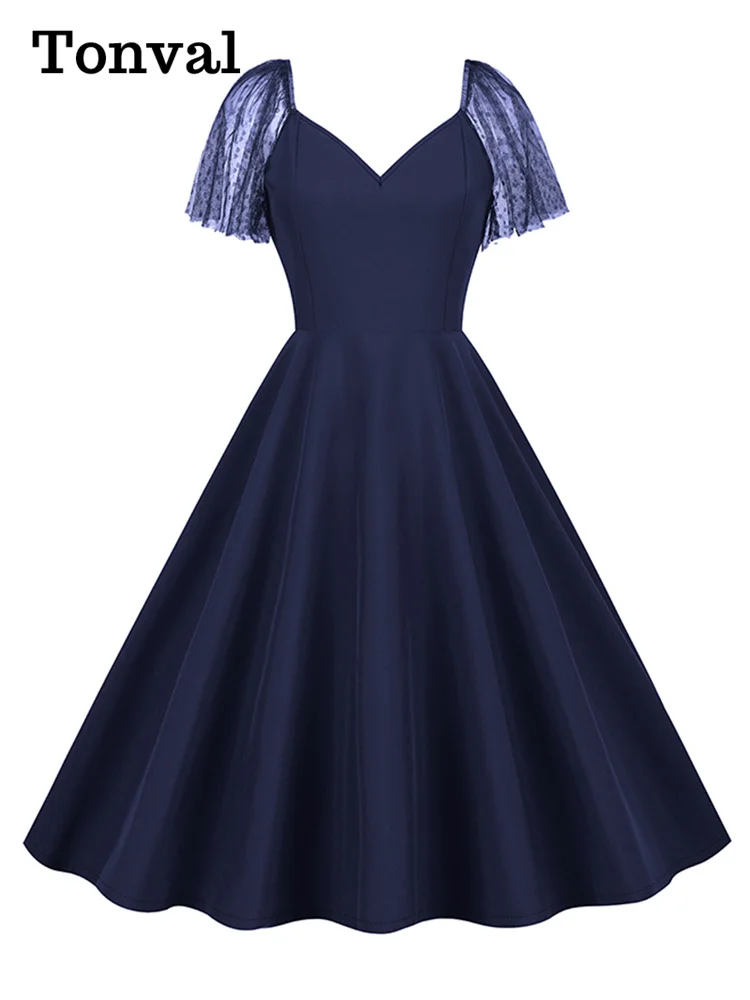Tonval Elegant Green Plain Birthday Summer Dress V-Neck Mesh Sleeve Evening Cocktail Party Women Vintage Swing Dresses