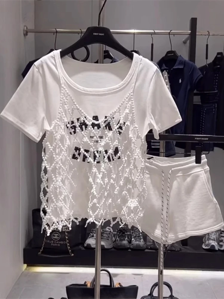 

Summer Printed Hollow Suspender Two-Piece Short Sleeved T-Shirt Top Women's Clothes 2025 New Tees Fashion Blouse