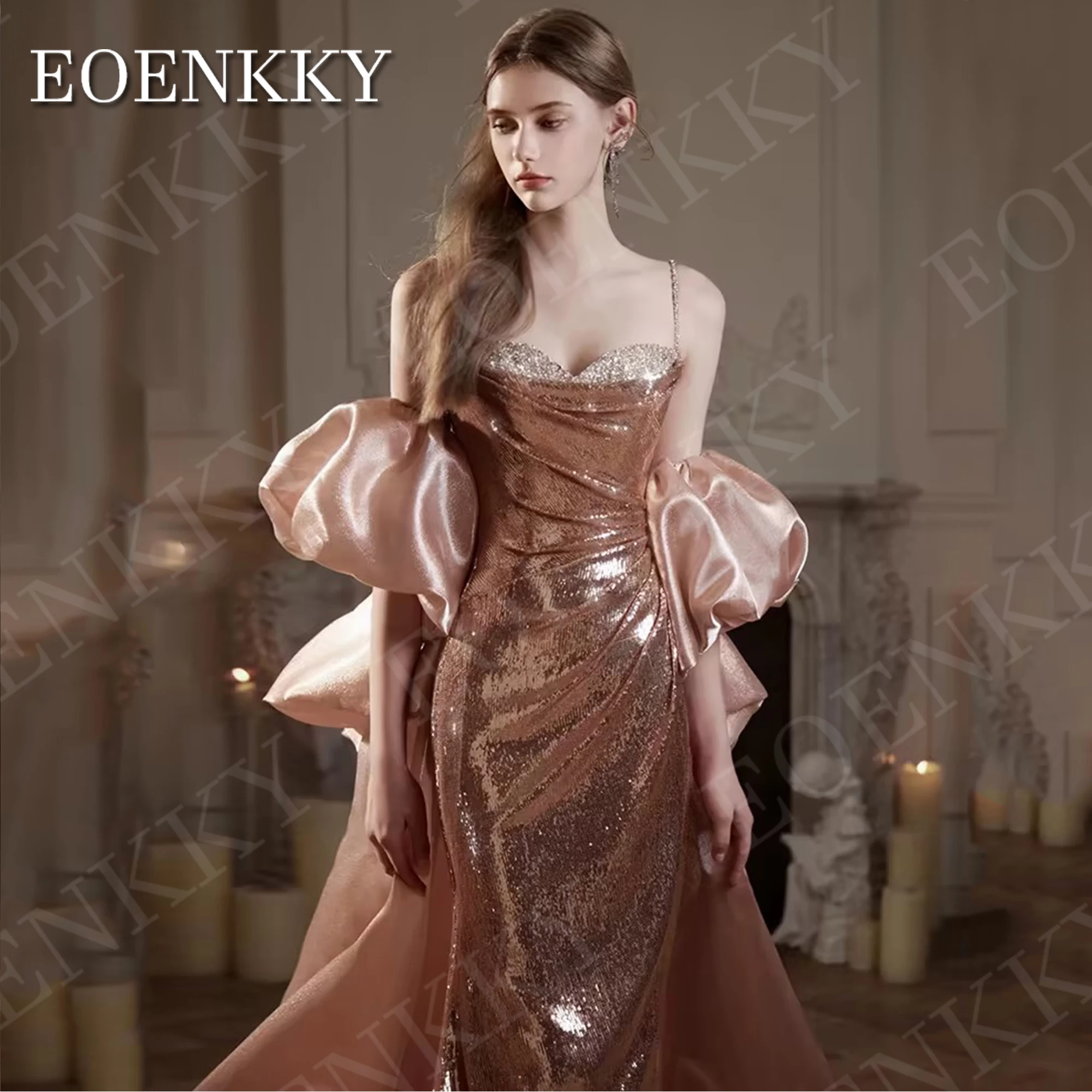 EOENKKY Long Mermaid Evening Dresses Glitter Sequin Spaghetti Strap Sweetheart Neck Prom Party Dress Detachable Train Customized