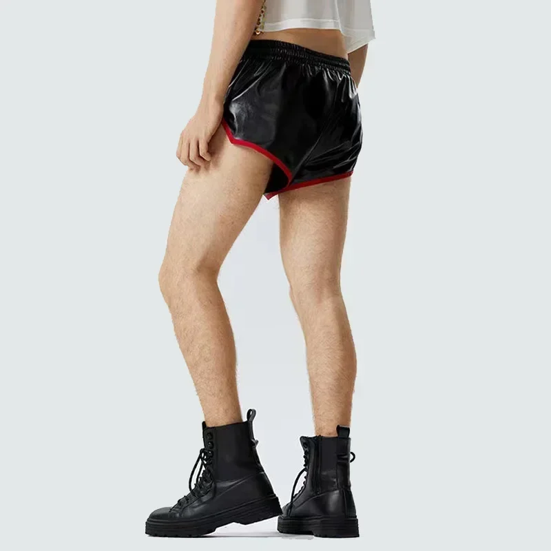 Men\'s Sexy Matte Faux Leather Elastic Waist Band Shorts Male Chic Black PVC Short Swimming Trunks Beach Pants New Summer Custom