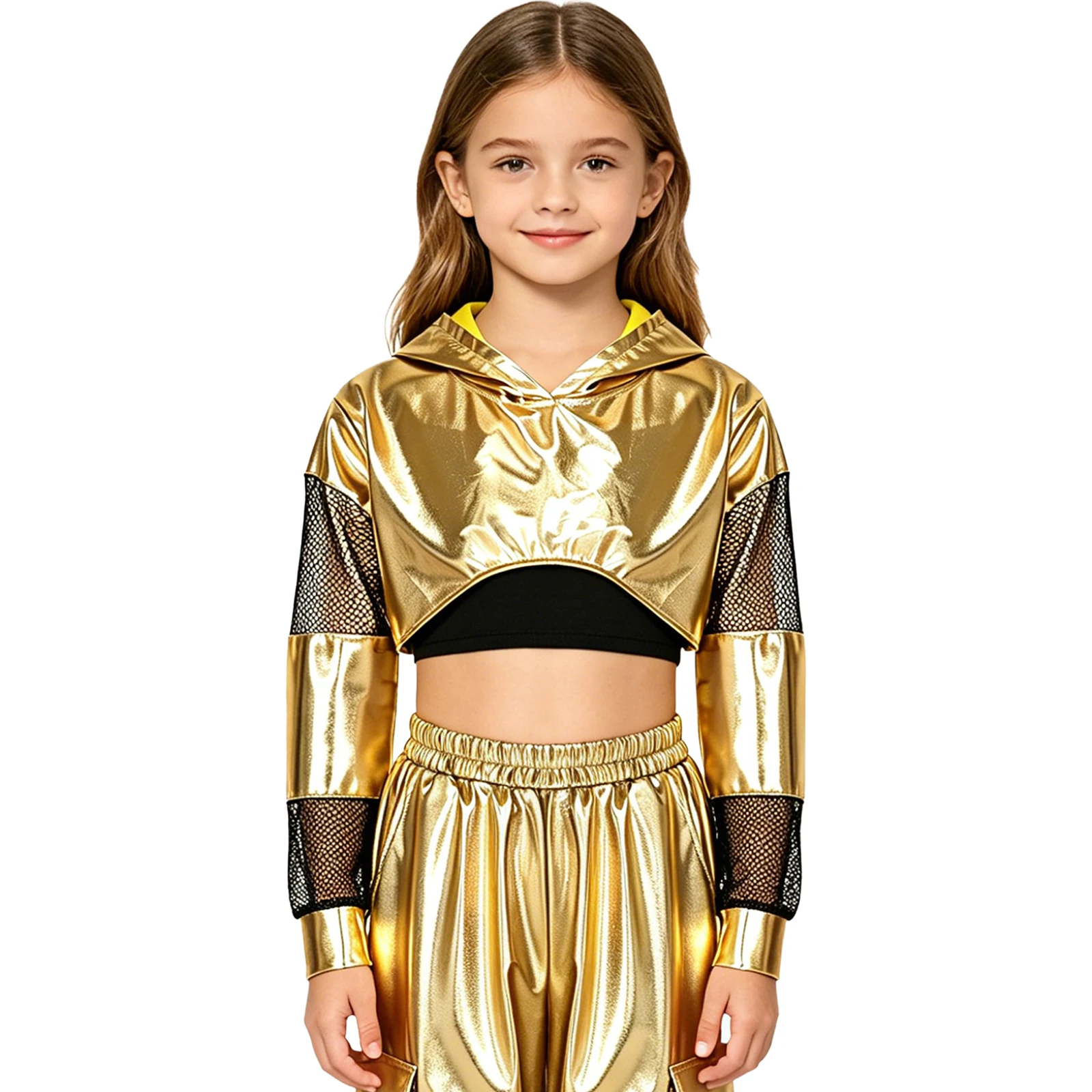 Kinder Mädchen Metallic Hoodie Hip-Hop Jazz Dance Performance Kostüm Mesh Patchwork Langarm Kapuzenpullover Crop Top Sweatshirt – Detail 9