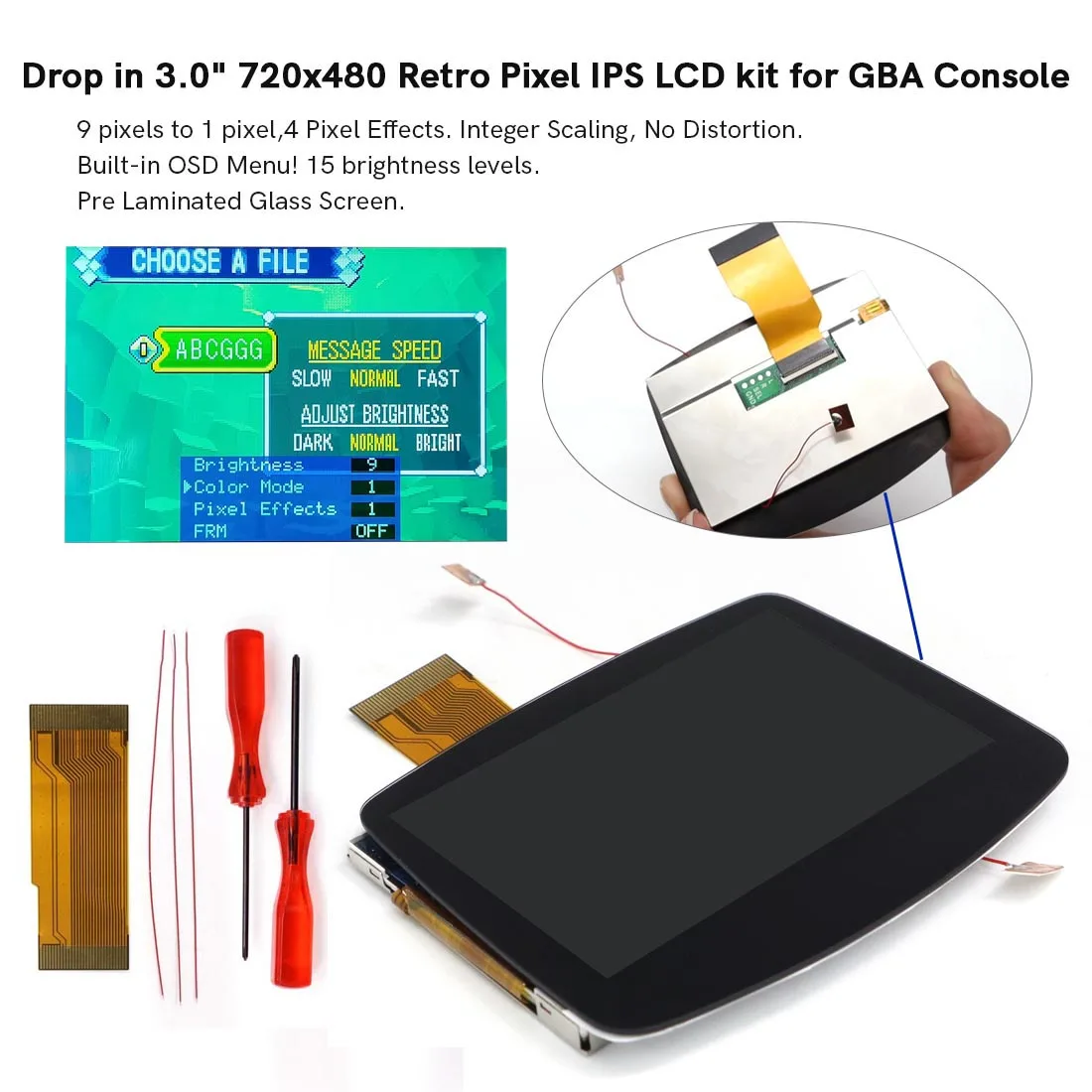 DMG Lens V5 3.0 inch Pre-Laminated Retro Pixel IPS LCD For GBA Backlight Highlight Screen Shell Gameboy Advance Housing Kits