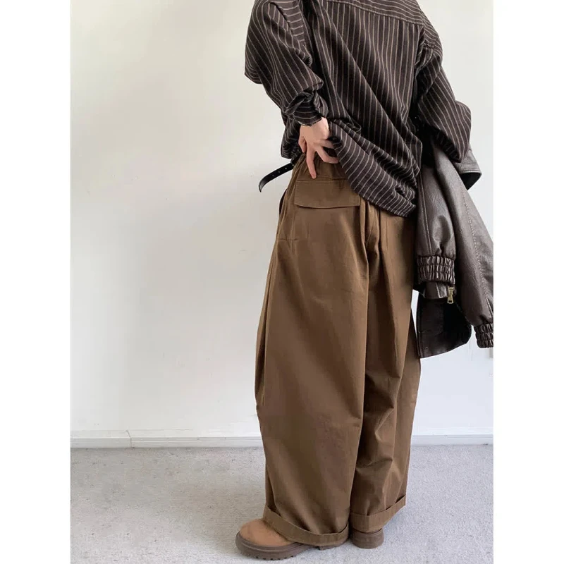 Japan Style Retro Solid Color Cargo Pants Men's Spring Autumn Trendy Loose Straight High Waisted Button Wide Leg Casual Trousers