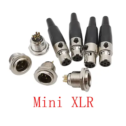 2 pçs mini xlr 3/4/5/6 pinos macho plug chassi montagem em painel mini xlr fêmea tomada jack áudio microfone cabo conector de solda