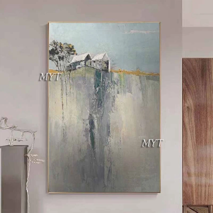 Acrylic Decoration Art Picture Canvas Roll Design Wall Frameless,Cabin On Top Of The Hill Abstract Landscape Oil Paintings