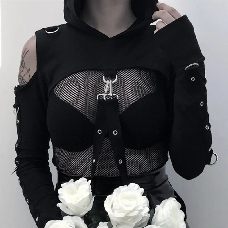 

2024 Spring and Autumn New Lady Cover Up Hoodie Women's Irregular Hole Short Hoodie Patchwork Pullover Hooded Long Sleeved Top