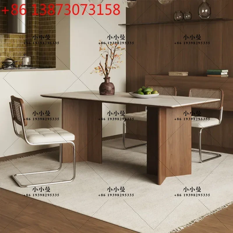 Medieval travertine rock slab solid wood household small apartment French retro walnut color dining table
