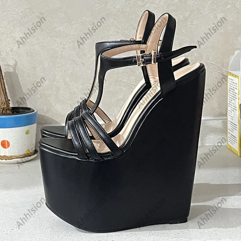 

Ahhlsion Handmade Women T-strap Summer Sandals Wedges High Heeled Open Toe Elegant White Party Shoes Ladies US Plus Size 4-15