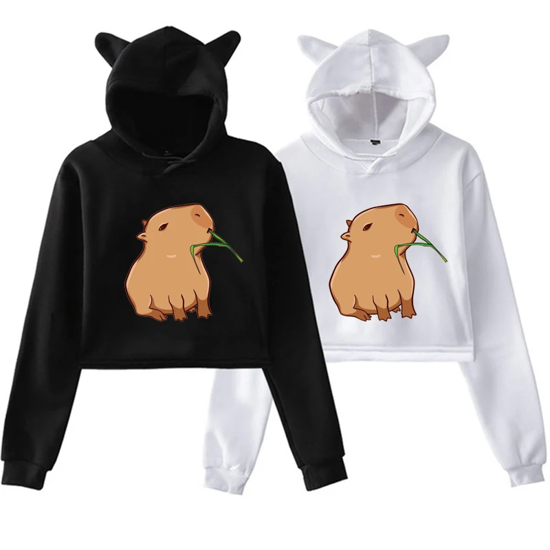 مضحك Capybara طباعة هوديس للفتيات في سن المراهقة ، Kawaii الكرتون العلوي ، القط الأذن هوديي ، الإناث الموضة ، Harajuku جرافيك بلوزات