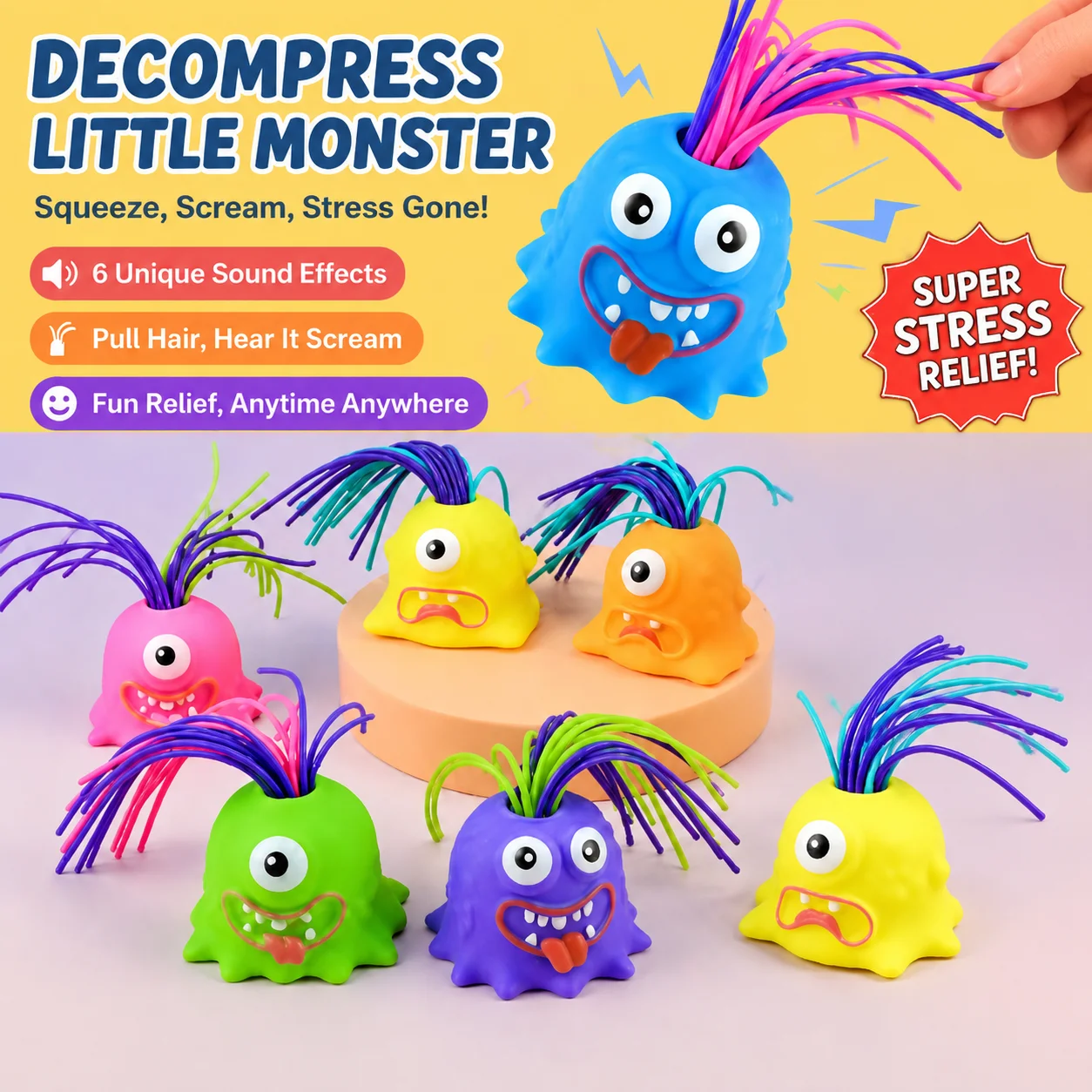 Ornament Stress Relief Fidget Screaming Monster Pull Hair Make Different Sounds Novelty Toy For Kids Adults Anxiety Relief Gift