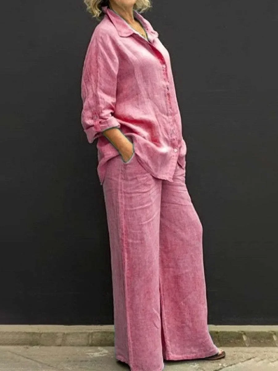 Pant Sets Woman 2 Pieces Suits Female Clothing Solid Casual Shirt Loose Wide Leg Pant Linen Lapel Button Blouse Plus Size Spring