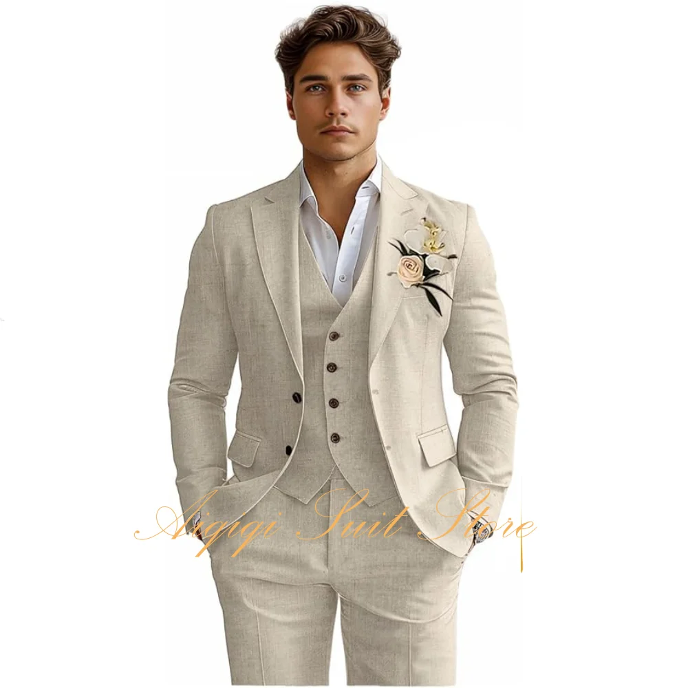 Linen Men's Suits 3 Piece Slim Fit Tuxedo Suit for Men Beach Wedding Formal Business Suit Groom Prom Set Outfits