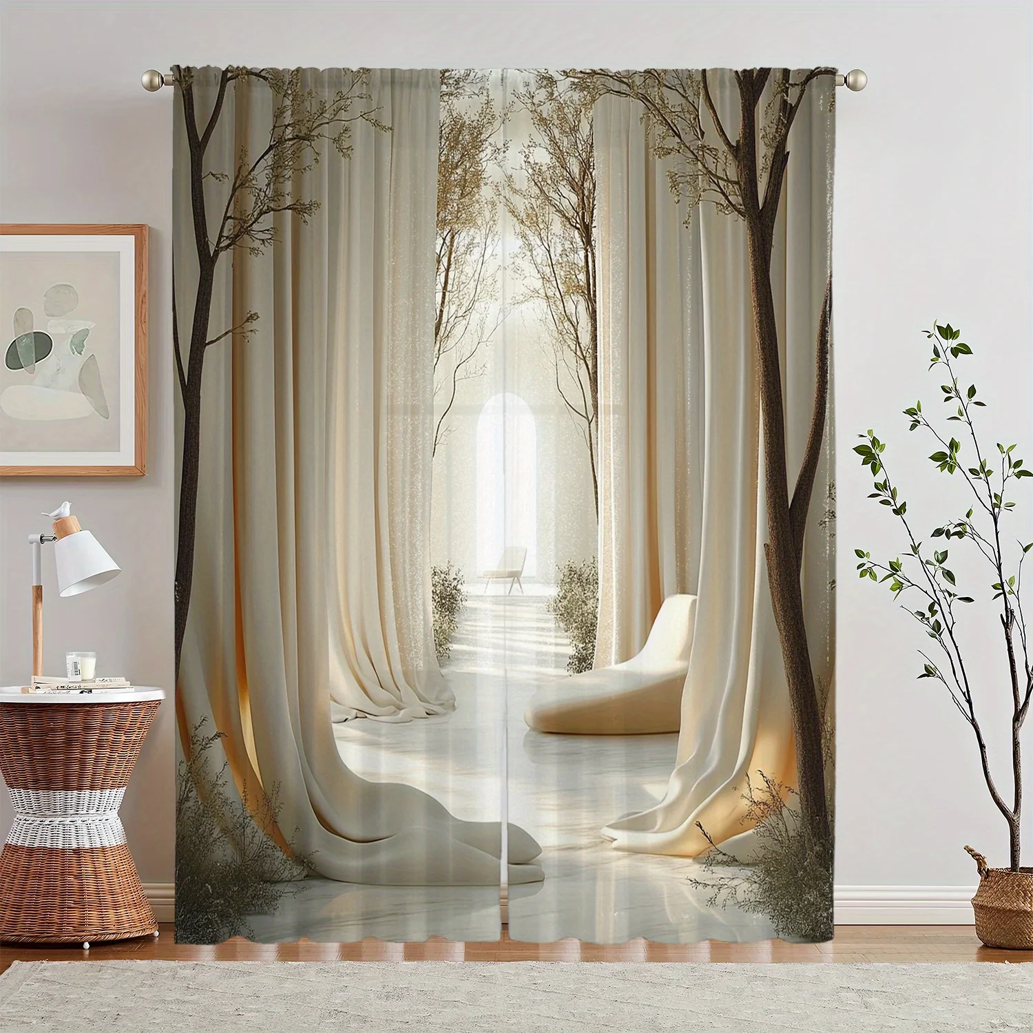 Rideaux Transparents Beige – Imprimé Forêt Tranquille, Polyester à Oeillets pour Décoration de Salon et Chambre