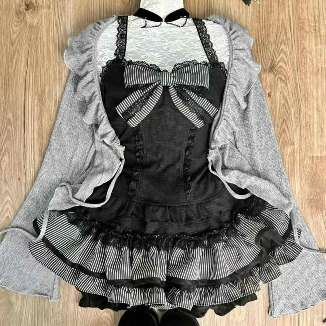 اليابانية الحلو لوليتا تنورة مجموعة النساء الدانتيل المرقعة القوس القمم + منقوشة تنورة صغيرة ملابس أنيقة 2 قطعة مجموعة Y2K النساء الملابس