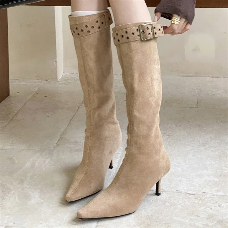 

Aneikeh зимние дизайнерские длинные ботильоны с ремешком и пряжкой, пикантные женские сапоги до колена на тонком высоком каблуке с острым носком, обувь на молнии