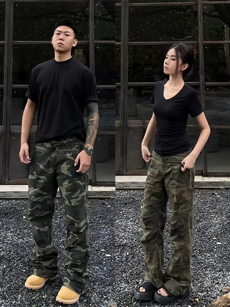 

American Sle Retro Camouflage Work Pants Men's Summer Thin Haome High-End Zipper Straight Leg Trousers for Teens