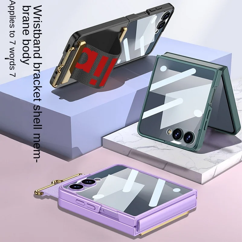 

Ультратонкий чехол-подставка с ремешком на запястье и защитной стеклянной пленкой для Samsung Galaxy Z Flip 7 6 5 4 3, защитный чехол для камеры