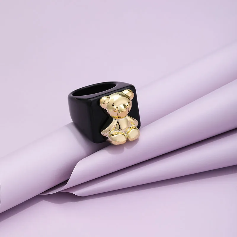 2024 New INS Cute Cartoon Resin Acrylic Bear Metal Rings For Women Girls Candy Color Aesthetic Square Rings Wholesale Jewelry