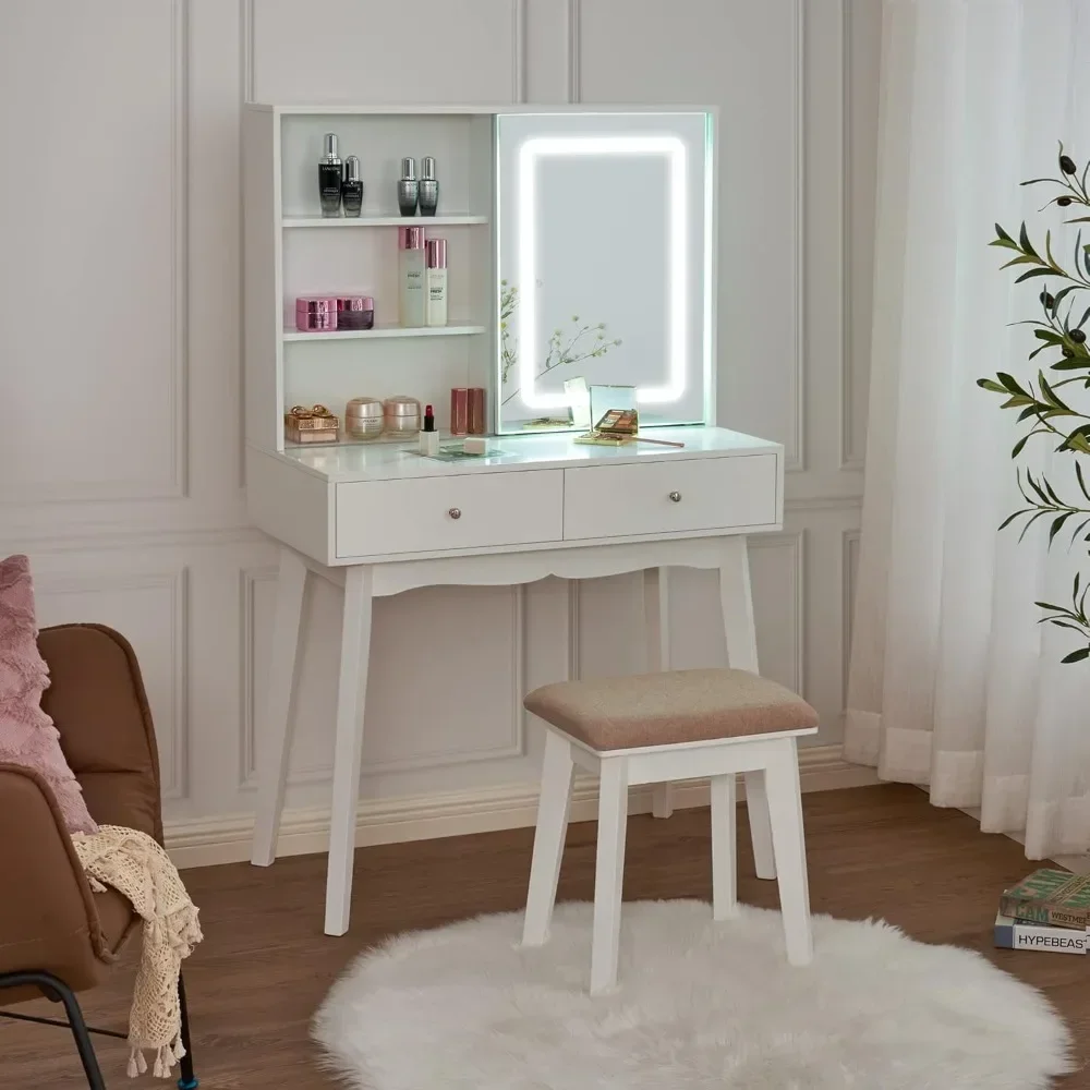 Small Vanity Desk with Mirror and Lights,Makeup Vanity with Lights,White Vanity Set Makeup Desk with 3 Color Lighting