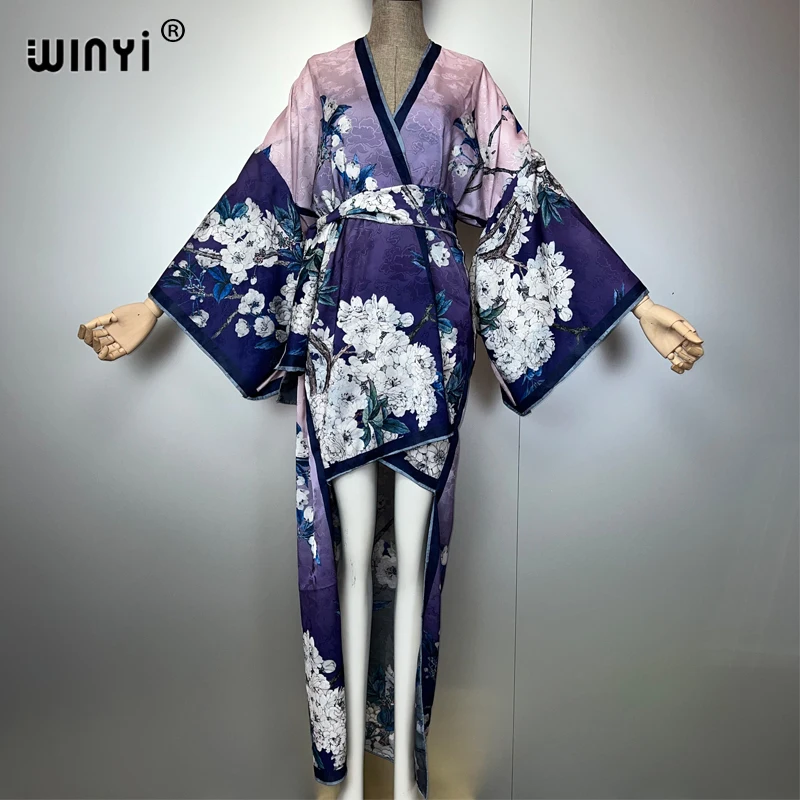 WINYI Summer Beach Wear Cover Up Irregular Cardigan Abaya Dubai Luxury Silky and Skin-Friendly Sexy Holiday Kimono Maxi Dress