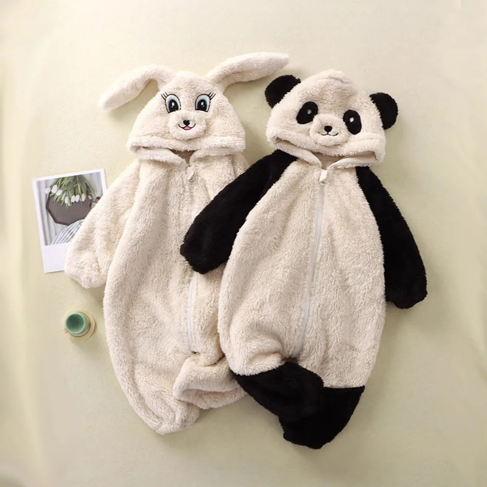 

Bunny Panda Costume Romper Cute Animal Onesie for BabiesToddlers Warm Fleece Hooded Pajamas Soft Unisex Infant Loungewear