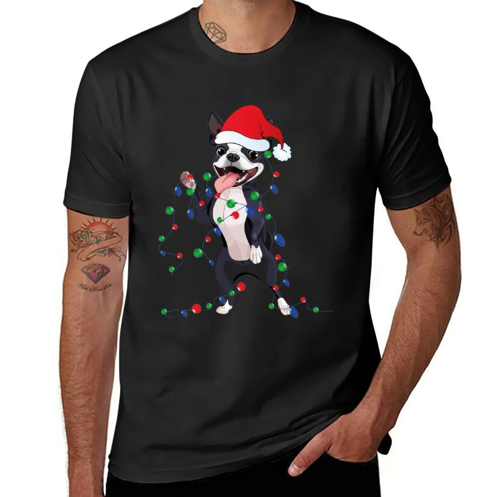 funny Boston Terrier Bostie Christmas Lights Xmas Dog Lover T-Shirt oversized t shirts kawaii clothes fitted t shirts for men