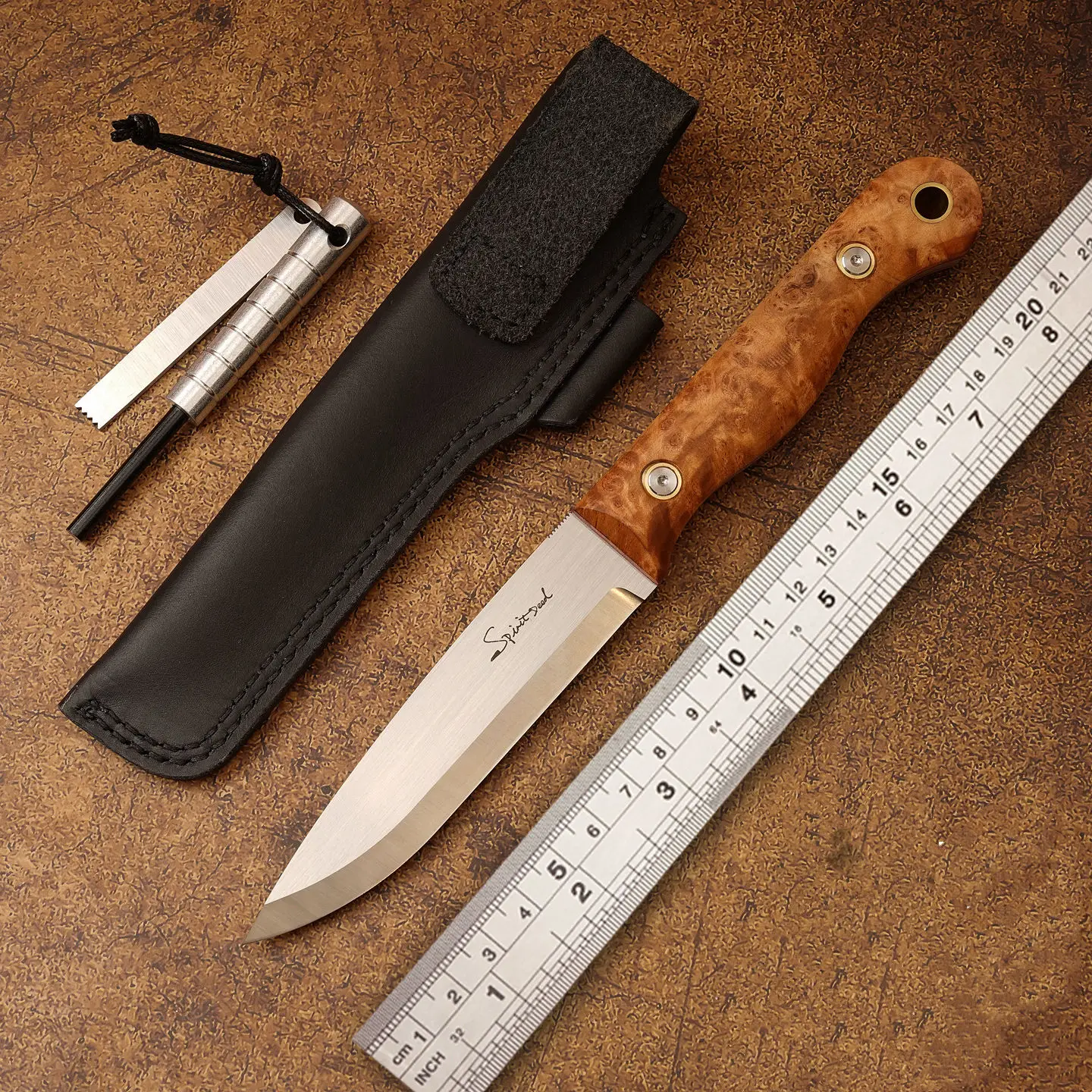 Fixed Blade Knife AUS-8 Steel, Outdoor Camping Bushcraft Survival Tool, Birdseye Maple Burl Handle Red G10 Inlay, Leather Sheath