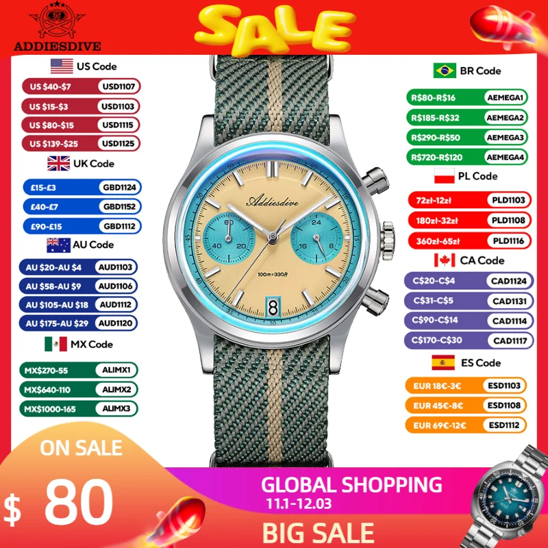 Watch Crown Screw Down Replacement - ADDIESDIVE Herrenuhr, luxuriöse VK64-Quarzuhr, Chronograph, 38