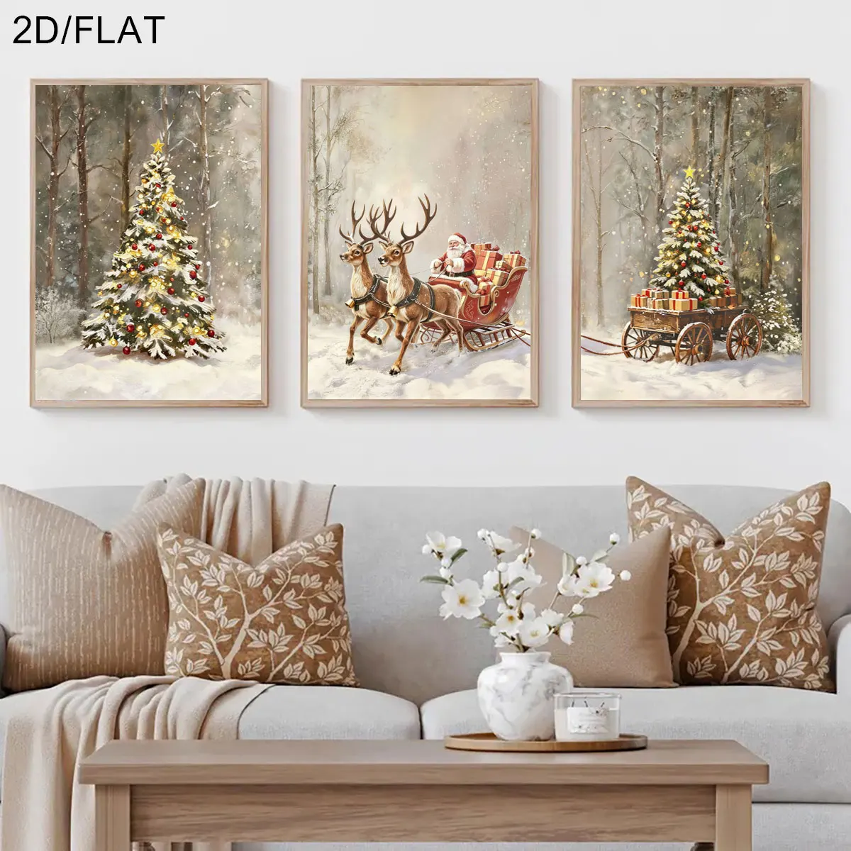 3pcs/set Kind Santa Claus Reindeer Canvas Printing Christmas Tree Gifts Winter Wall Art Poster for Modern Christmas Home Decor