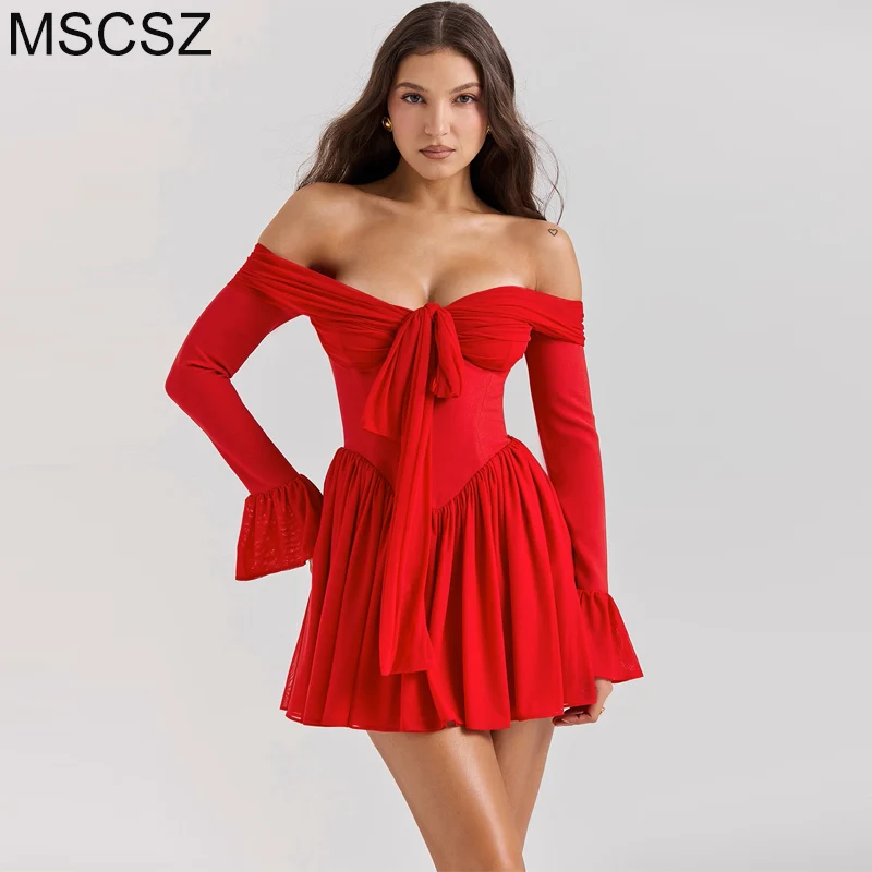 

MSCSZ Lace-up Corset Mini Dress Woman Off Shoulder Long Sleeve A-line Dress Retro Elegant Red Christmas Party Dress 2024