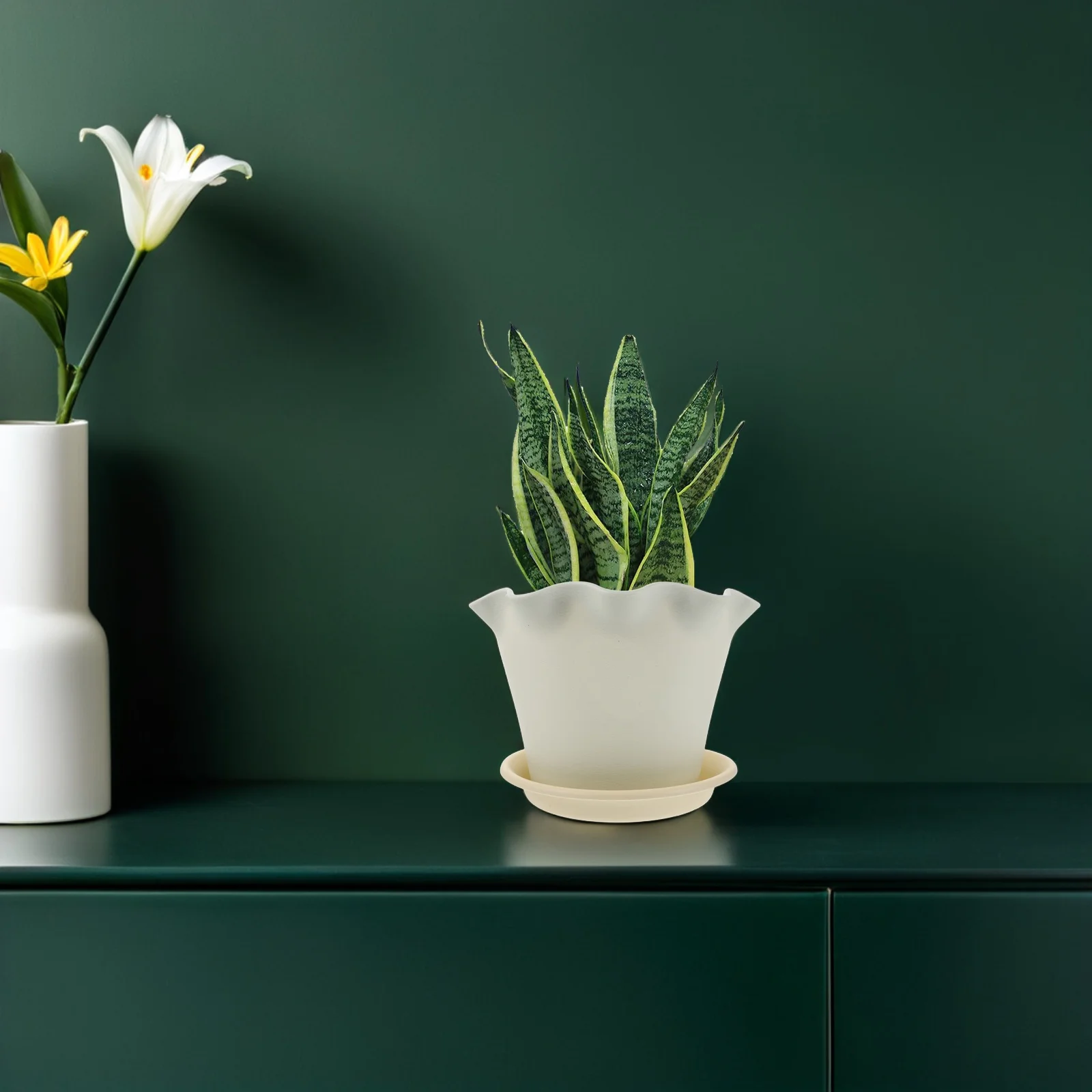 

Round Plastic Flower With Saucer Lotus Leaf Edge Design Garden Planter For Succulents Shrubs Drainage Holes Durable Nursery Pot