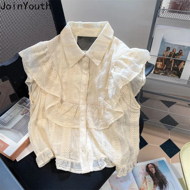 Sweet Crop Tops Flying Sleeve Summer Blouses for Women 2023 Blusas De Mujer Ruffles Loose Shirts Fashion Vintage Tunic Blouse